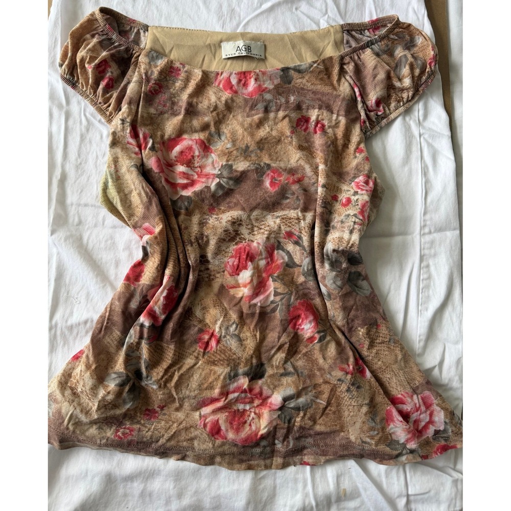 AGB Byer California Y2K Off Shoulder Blouse Brown Floral Square Neck Top